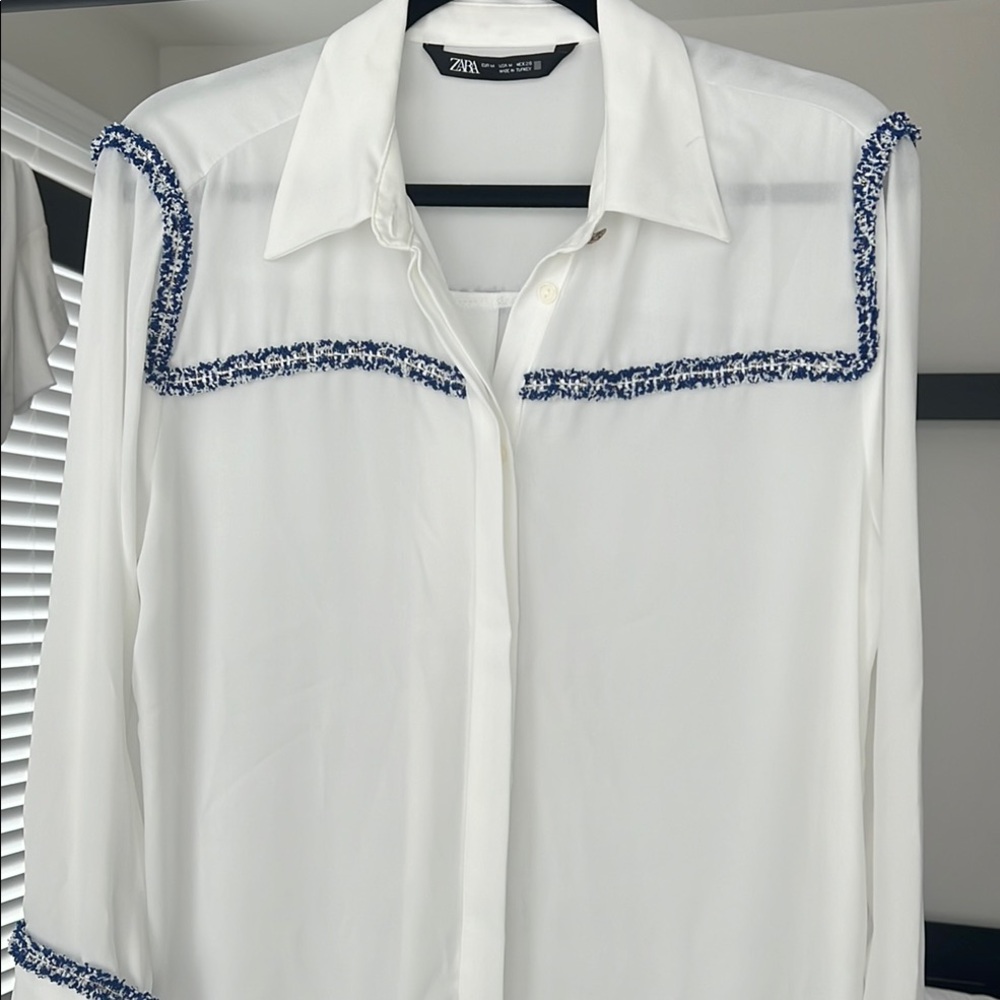 Zara White Blouse with Blue Trim and Gold Button